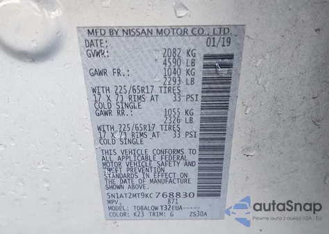 2019 Nissan Rogue Sv z USA, uszkodzony, nr VIN 5N1AT2MT9KC768830